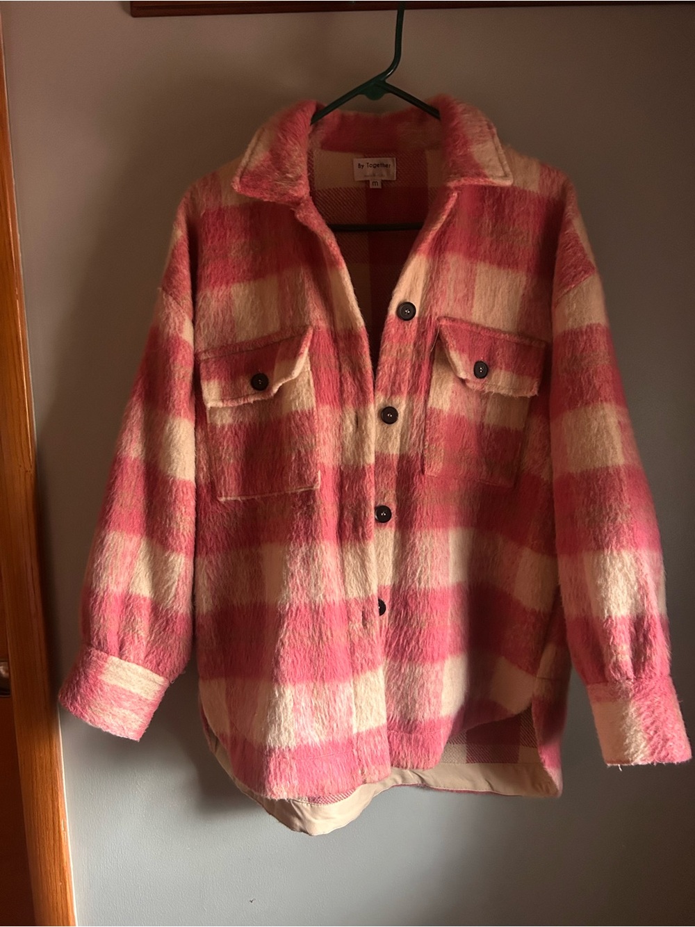 By Together Plaid Brushed Shacket in Pink and Cream